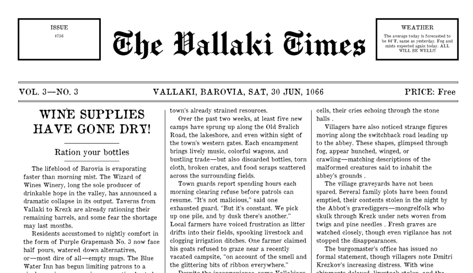 Curse of Strahd 2026 – Vallaki Times volume 1